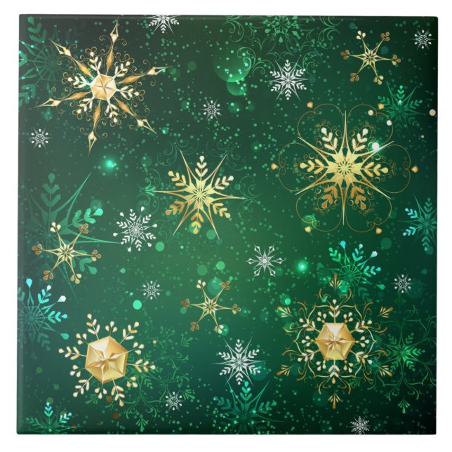 Xmas Golden Snowflakes on Green Background Ceramic Tile (Front)