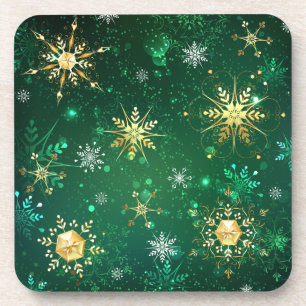 Xmas Golden Snowflakes on Green Background Coaster