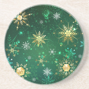 Xmas Golden Snowflakes on Green Background Coaster