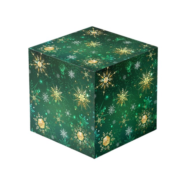 Xmas Golden Snowflakes on Green Background Cube (Front Angled)