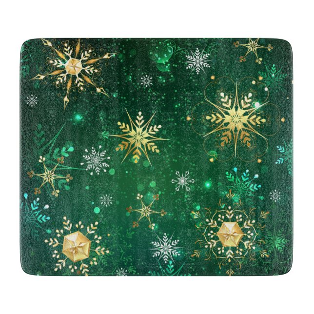 Xmas Golden Snowflakes on Green Background Cutting Board (Front)
