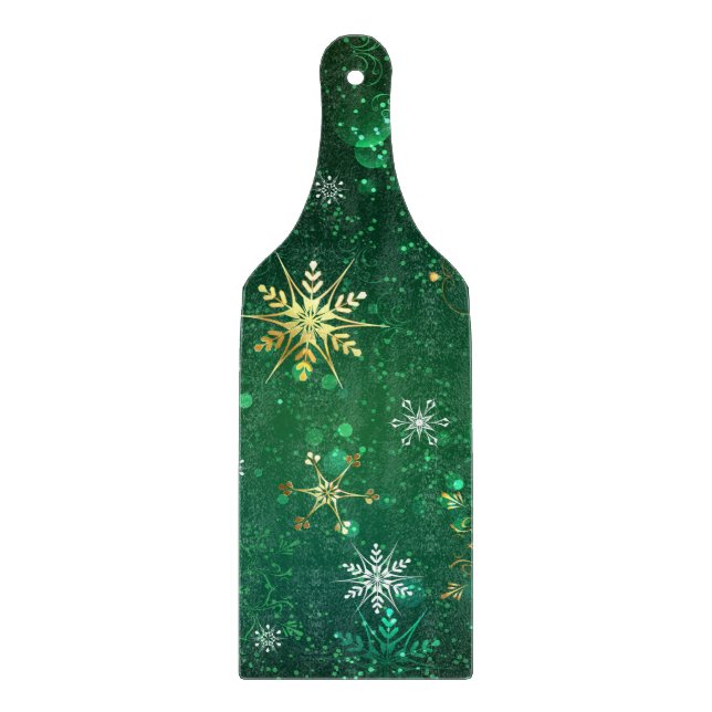 Xmas Golden Snowflakes on Green Background Cutting Board (Front)