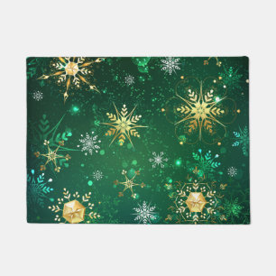 Xmas Golden Snowflakes on Green Background Doormat