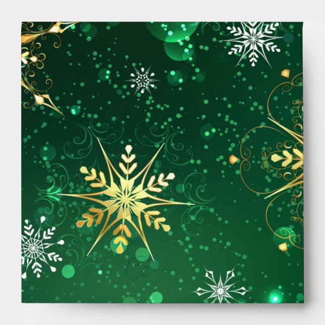 Xmas Golden Snowflakes on Green Background Envelope (Front)