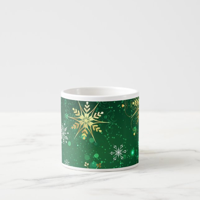 Xmas Golden Snowflakes on Green Background Espresso Cup (Front)