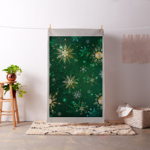 Xmas Golden Snowflakes on Green Background Fabric