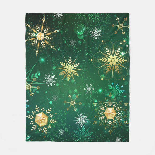 Xmas Golden Snowflakes on Green Background Fleece Blanket (Front)