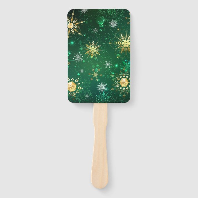 Xmas Golden Snowflakes on Green Background Hand Fan (Front)