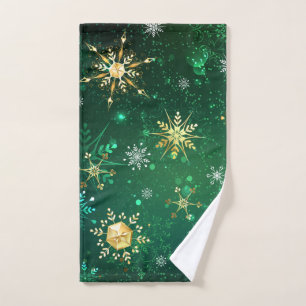Xmas Golden Snowflakes on Green Background Hand Towel