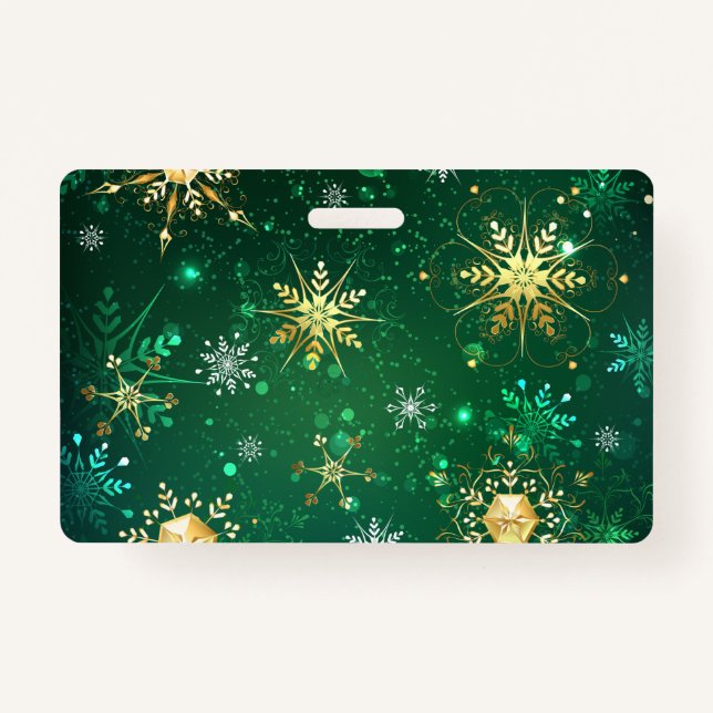 Xmas Golden Snowflakes on Green Background ID Badge (Front)