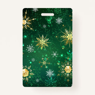 Xmas Golden Snowflakes on Green Background ID Badge