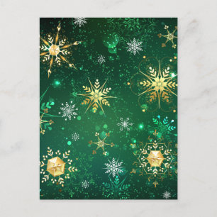 Xmas Golden Snowflakes on Green Background Invitation Postcard