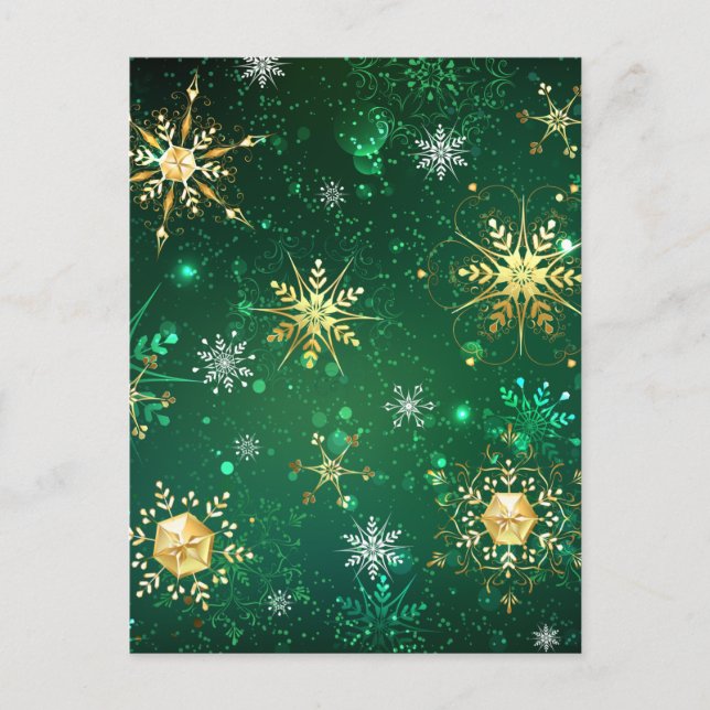 Xmas Golden Snowflakes on Green Background Invitation Postcard (Front)