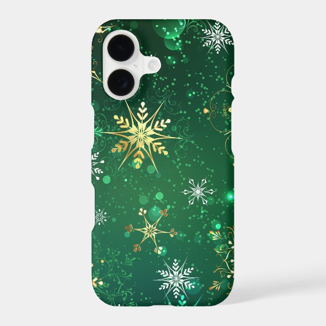 Xmas Golden Snowflakes on Green Background iPhone Case (Back)