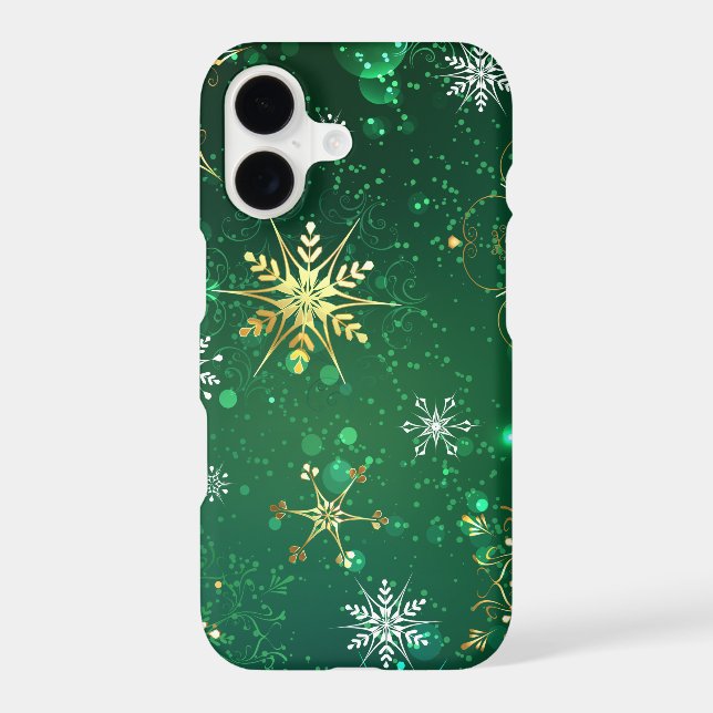 Xmas Golden Snowflakes on Green Background iPhone Case (Back)