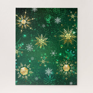Xmas Golden Snowflakes on Green Background Jigsaw Puzzle