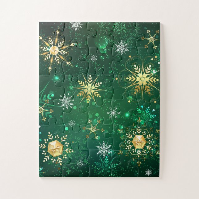 Xmas Golden Snowflakes on Green Background Jigsaw Puzzle (Vertical)