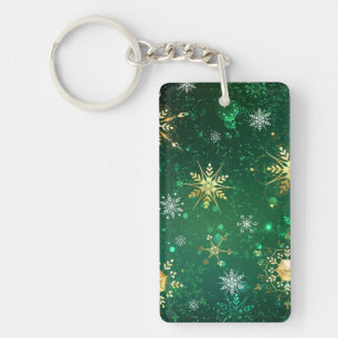 Xmas Golden Snowflakes on Green Background Key Ring