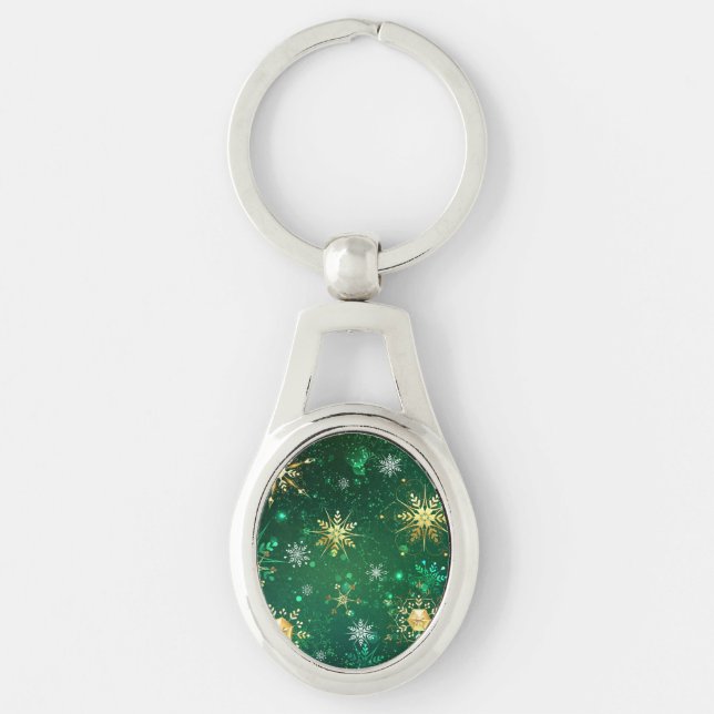 Xmas Golden Snowflakes on Green Background Key Ring (Front)