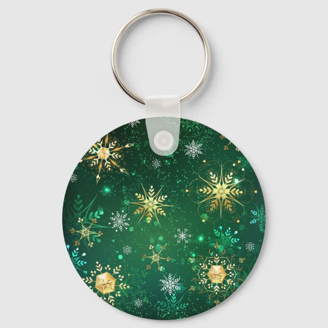 Xmas Golden Snowflakes on Green Background Key Ring (Front)