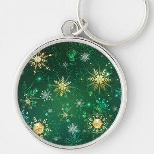 Xmas Golden Snowflakes on Green Background Key Ring