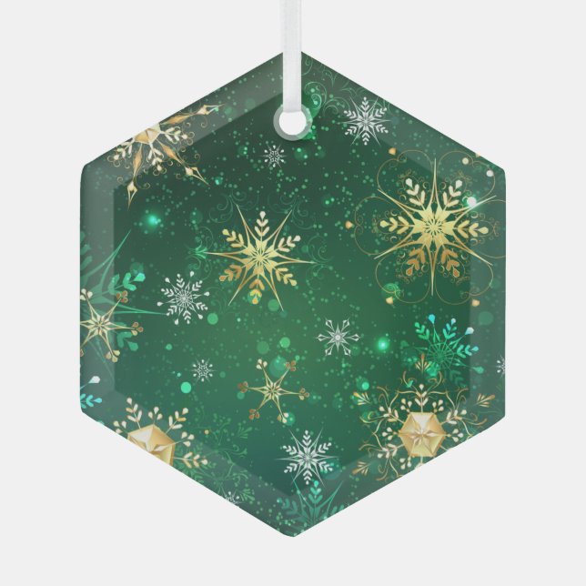 Xmas Golden Snowflakes on Green Background Label Glass Tree Decoration (Front)