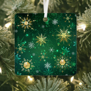 Xmas Golden Snowflakes on Green Background Label Metal Tree Decoration
