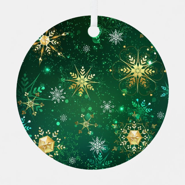 Xmas Golden Snowflakes on Green Background Label Metal Tree Decoration (Front)