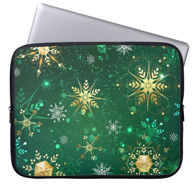 Xmas Golden Snowflakes on Green Background Laptop Sleeve (Front)