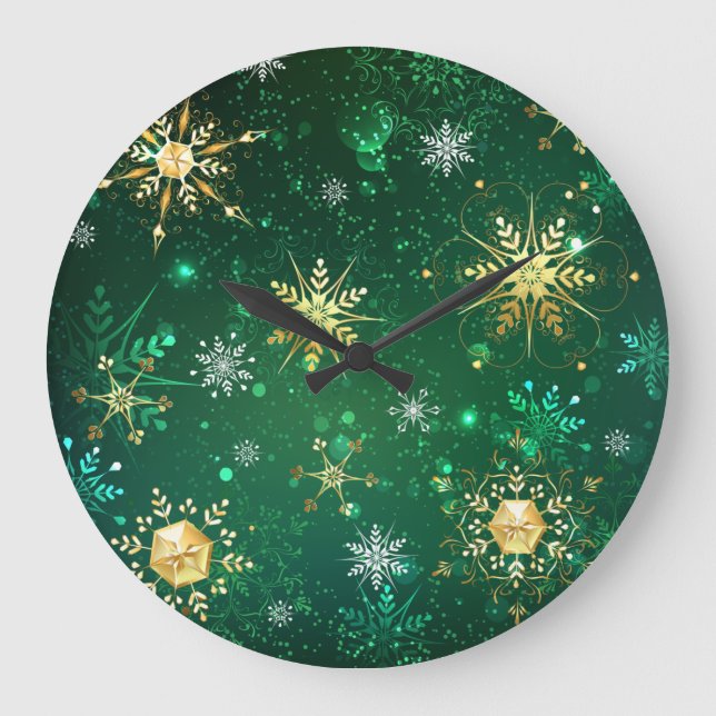 Xmas Golden Snowflakes on Green Background Large Clock (Front)