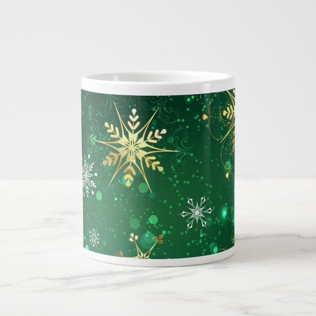 Xmas Golden Snowflakes on Green Background Large Coffee Mug (Front)