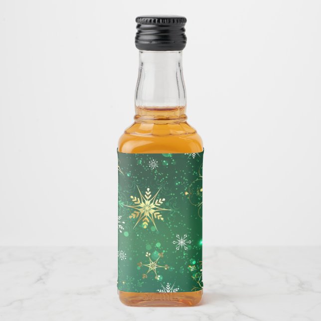 Xmas Golden Snowflakes on Green Background Liquor Bottle Label (Front)