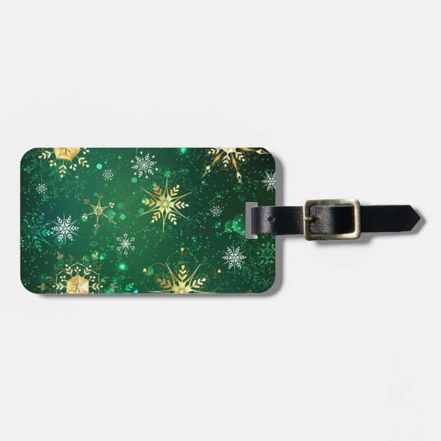 Xmas Golden Snowflakes on Green Background Luggage Tag (Front Horizontal)