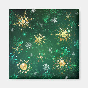 Xmas Golden Snowflakes on Green Background Magnet