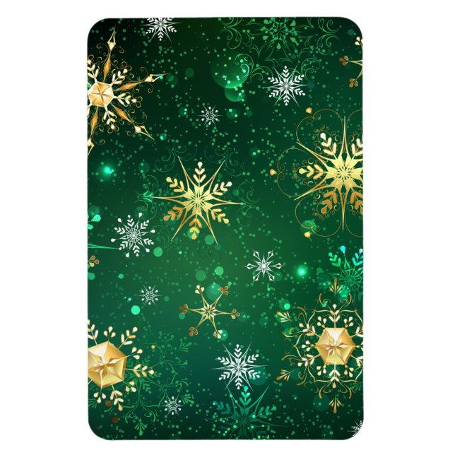 Xmas Golden Snowflakes on Green Background Magnet (Vertical)