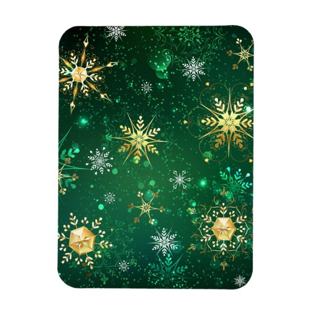 Xmas Golden Snowflakes on Green Background Magnet (Vertical)