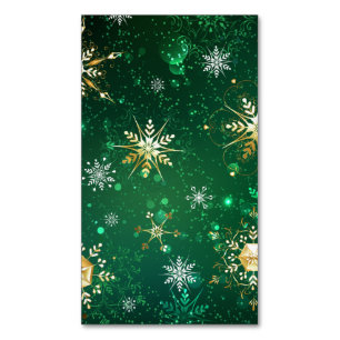 Xmas Golden Snowflakes on Green Background Magnetic Business Card