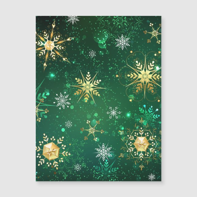 Xmas Golden Snowflakes on Green Background Magnetic Invitation (Front)