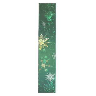 Xmas Golden Snowflakes on Green Background Medium Table Runner