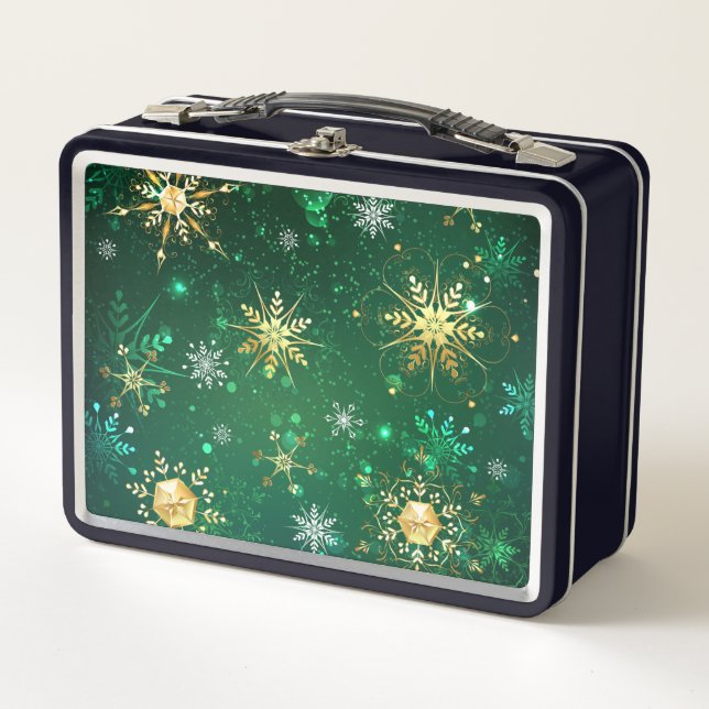 Xmas Golden Snowflakes on Green Background Metal Lunch Box (Front)