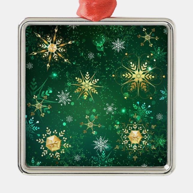Xmas Golden Snowflakes on Green Background Metal Ornament (Front)
