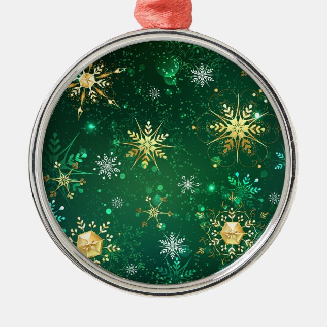 Xmas Golden Snowflakes on Green Background Metal Ornament (Front)