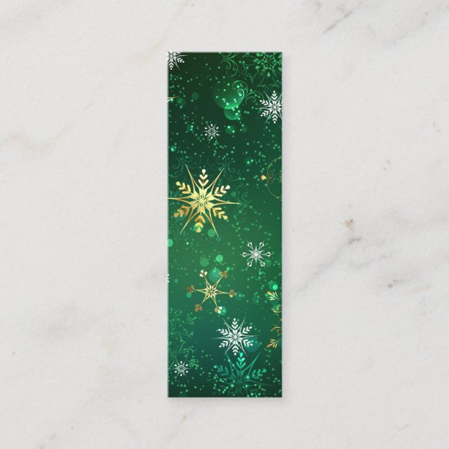 Xmas Golden Snowflakes on Green Background Mini Business Card (Front)
