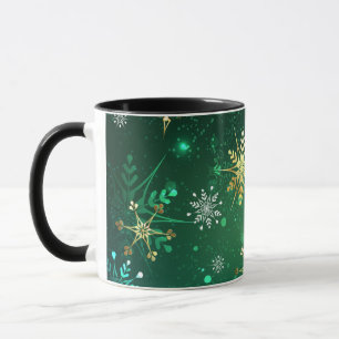 Xmas Golden Snowflakes on Green Background Mug