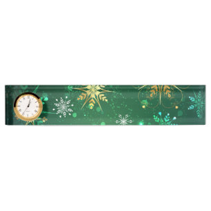 Xmas Golden Snowflakes on Green Background Nameplate