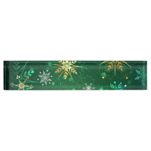 Xmas Golden Snowflakes on Green Background Nameplate