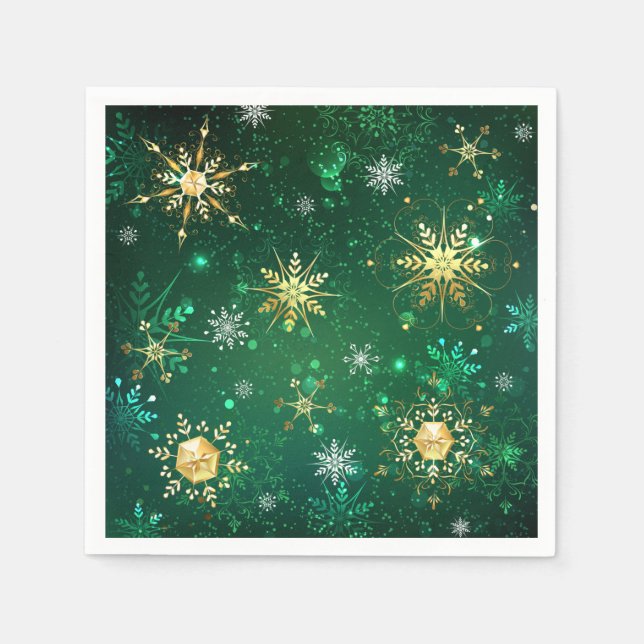 Xmas Golden Snowflakes on Green Background Napkin (Front)