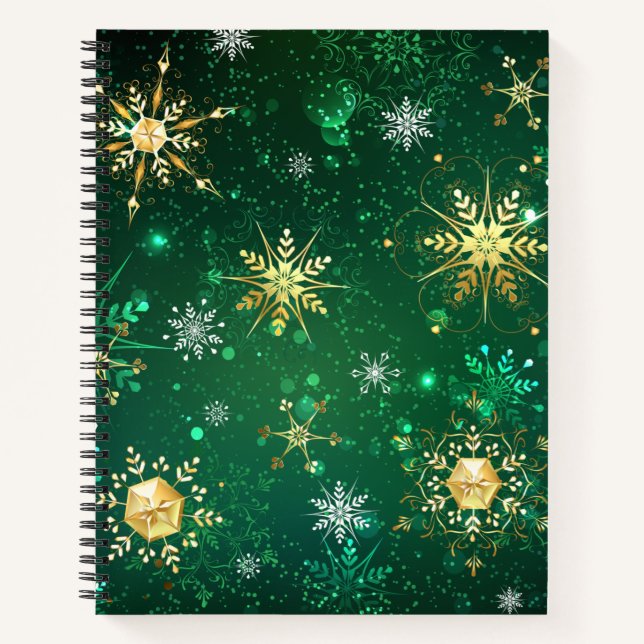 Xmas Golden Snowflakes on Green Background Notebook (Front)
