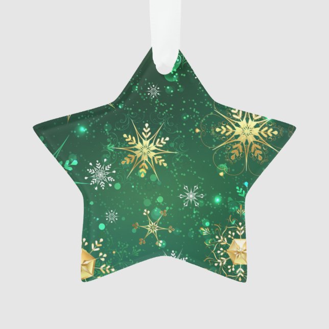 Xmas Golden Snowflakes on Green Background Ornament (Front)