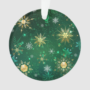 Xmas Golden Snowflakes on Green Background Ornament